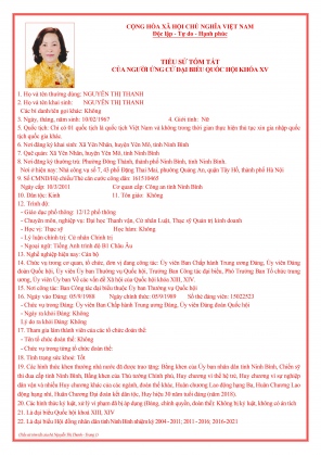 DANH SÁCH VÀ TIỂU SỬ TÓM TẮT CÁC ỨNG CỬ VIÊN ĐẠI BIỂU QUỐC HỘI KHÓA XV 15